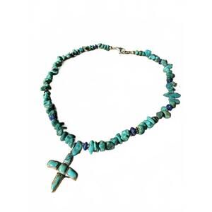 Vintage 925 Turquoise Cross Necklace Lapis Chips 16" 24.8g